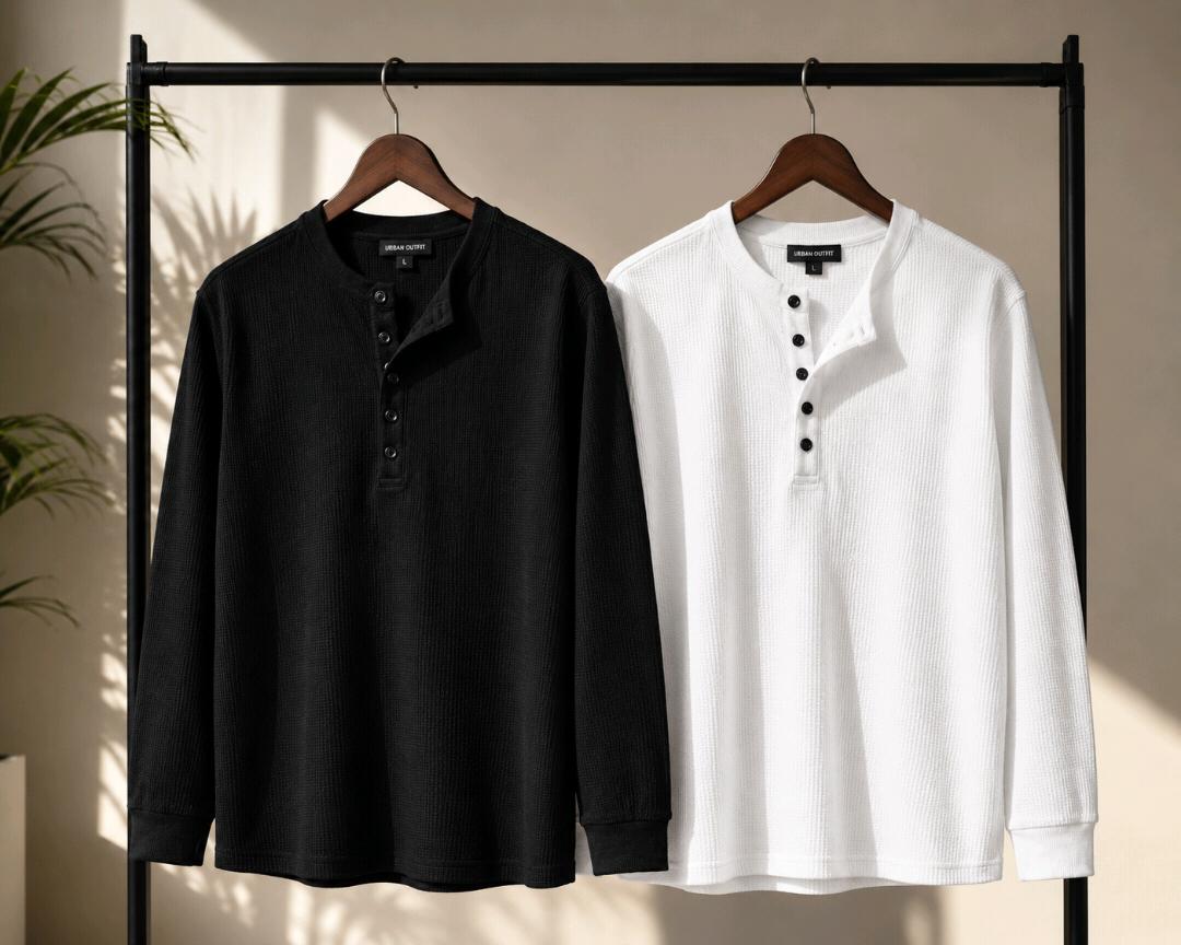 Men’s Black & White Premium Ribbed Henley Combo – 2 Pack