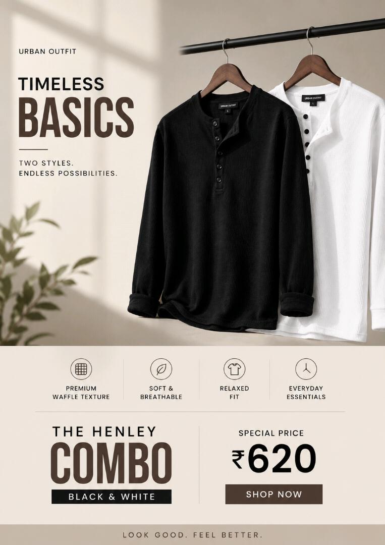 Men’s Black & White Premium Ribbed Henley Combo – 2 Pack