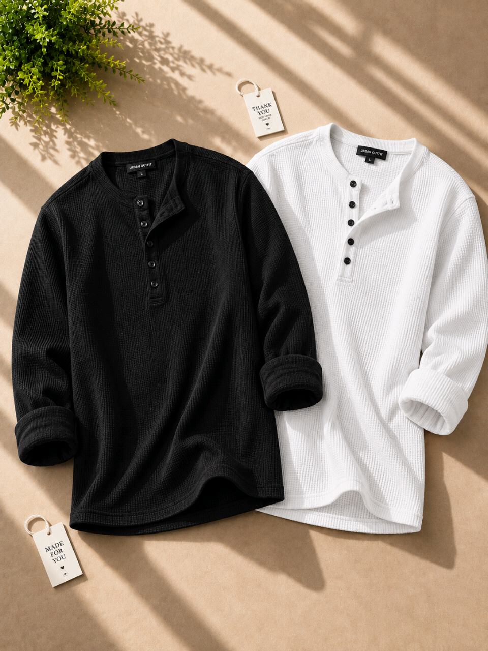 Men’s Black & White Premium Ribbed Henley Combo – 2 Pack
