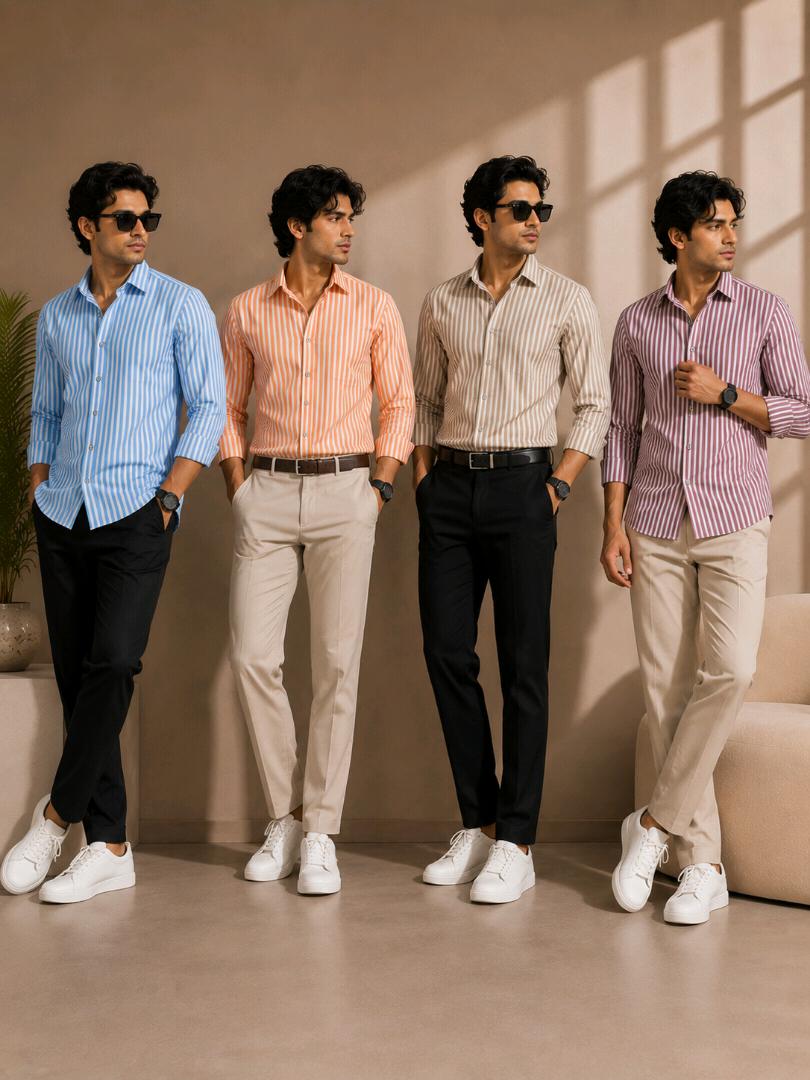 Men’s Premium 4-Shirt Combo | Blue, Peach, Beige & Maroon Striped Shirts | Full Sleeve