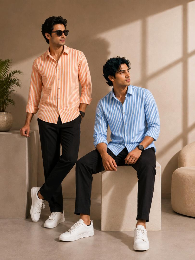 Men’s Premium 4-Shirt Combo | Blue, Peach, Beige & Maroon Striped Shirts | Full Sleeve