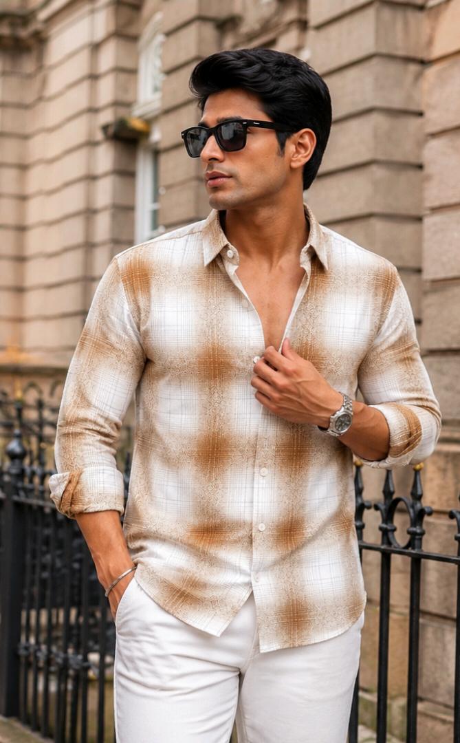 Men’s Premium Brown & Cream Plaid Casual Shirt