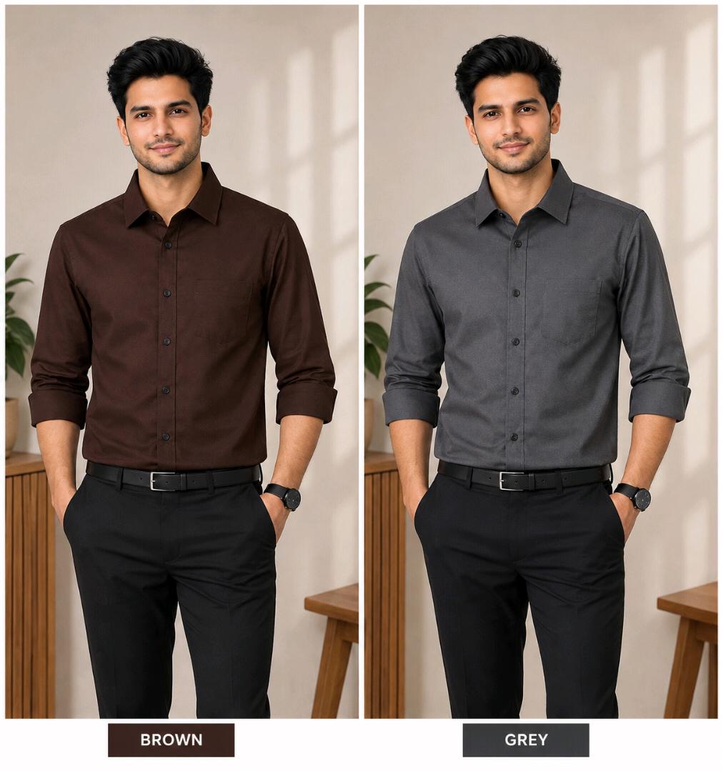 Men’s Premium Office Wear Shirt – 2 Shirt Combo | Brown & Charcoal Grey | Smart Fit |