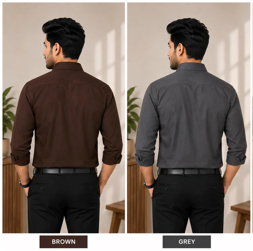 Men’s Premium Office Wear Shirt – 2 Shirt Combo | Brown & Charcoal Grey | Smart Fit |
