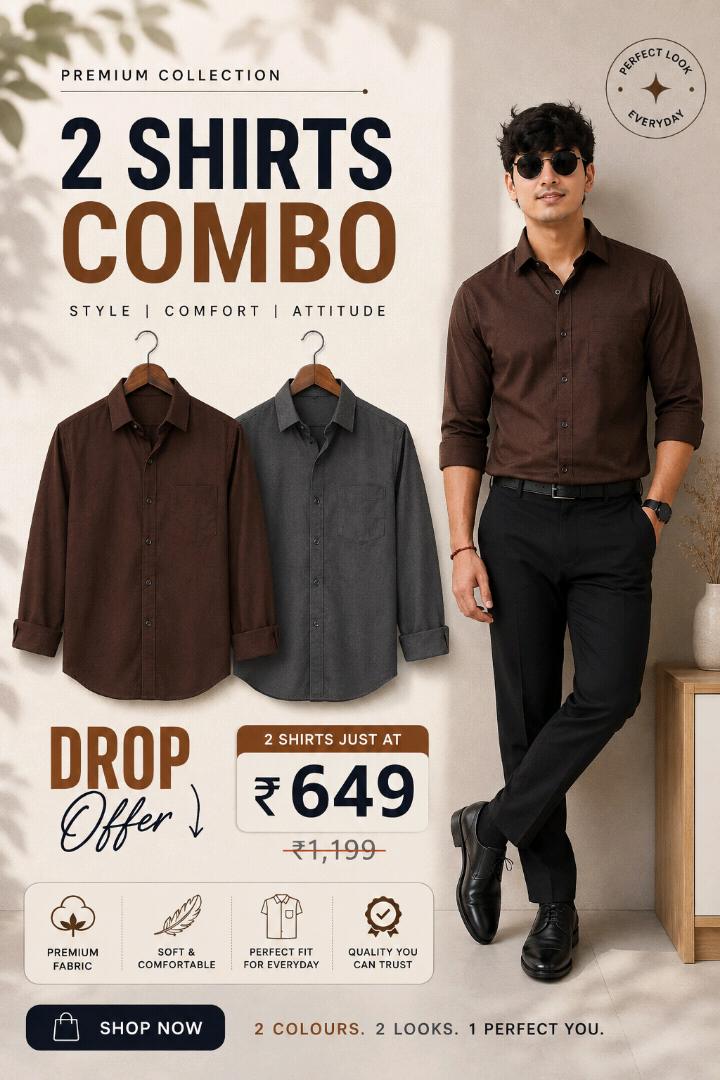 Men’s Premium Office Wear Shirt – 2 Shirt Combo | Brown & Charcoal Grey | Smart Fit |
