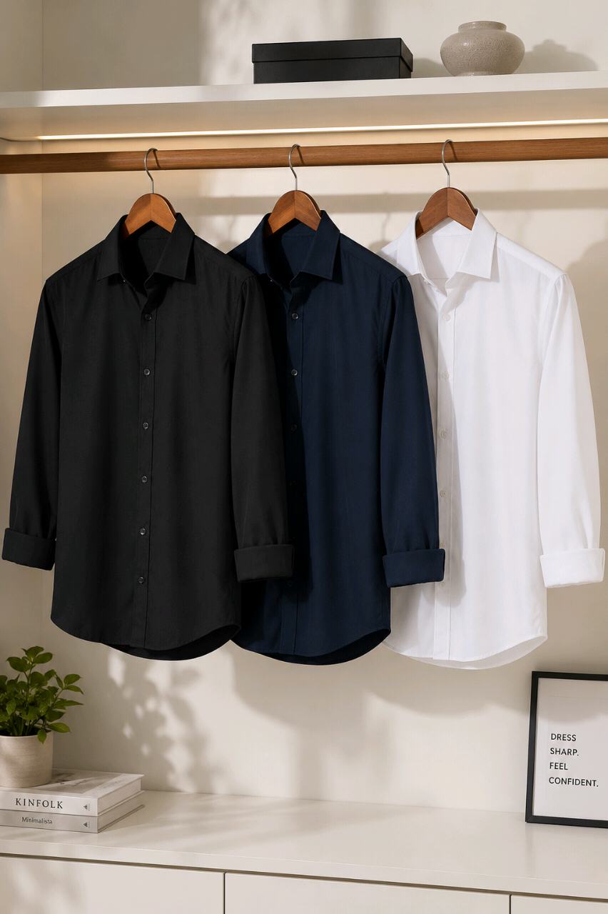 Men’s Premium Office Wear Shirt – 3 Shirt Combo | Black, Navy Blue & White |