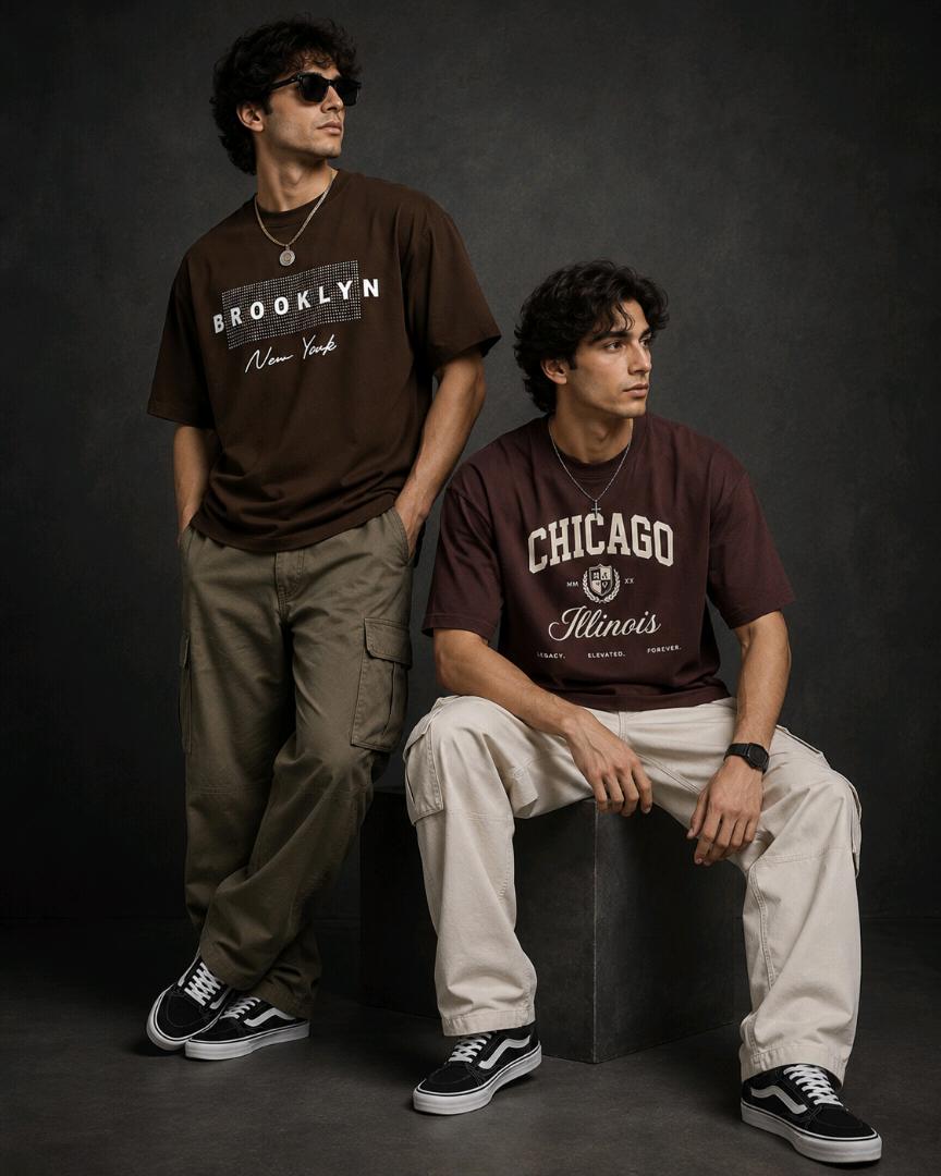 Men’s Premium Oversized Graphic T-Shirt Combo – Brooklyn New York & Chicago Illinois | 2 T-Shirt Set