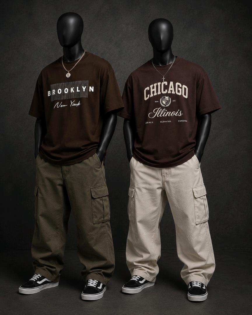 Men’s Premium Oversized Graphic T-Shirt Combo – Brooklyn New York & Chicago Illinois | 2 T-Shirt Set