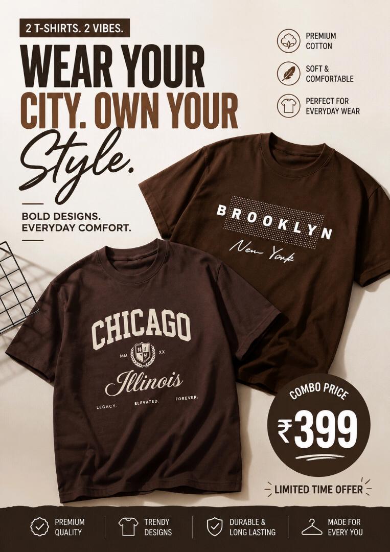 Men’s Premium Oversized Graphic T-Shirt Combo – Brooklyn New York & Chicago Illinois | 2 T-Shirt Set