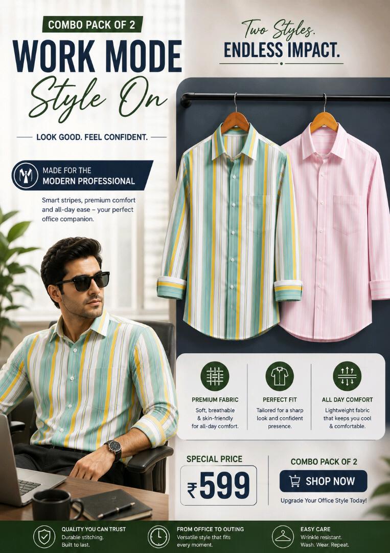 Men’s Premium Striped Casual & Formal Shirts – Combo Pack of 2 | Stylish Office Wear
